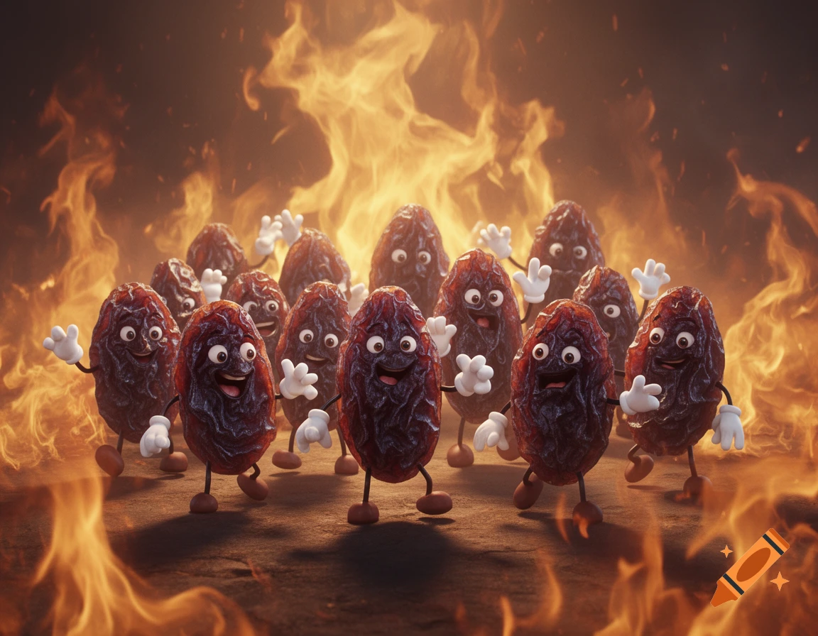 A group of anthropomorphic raisins with smiling faces and white gloves stand surrounded by bright, orange flames.