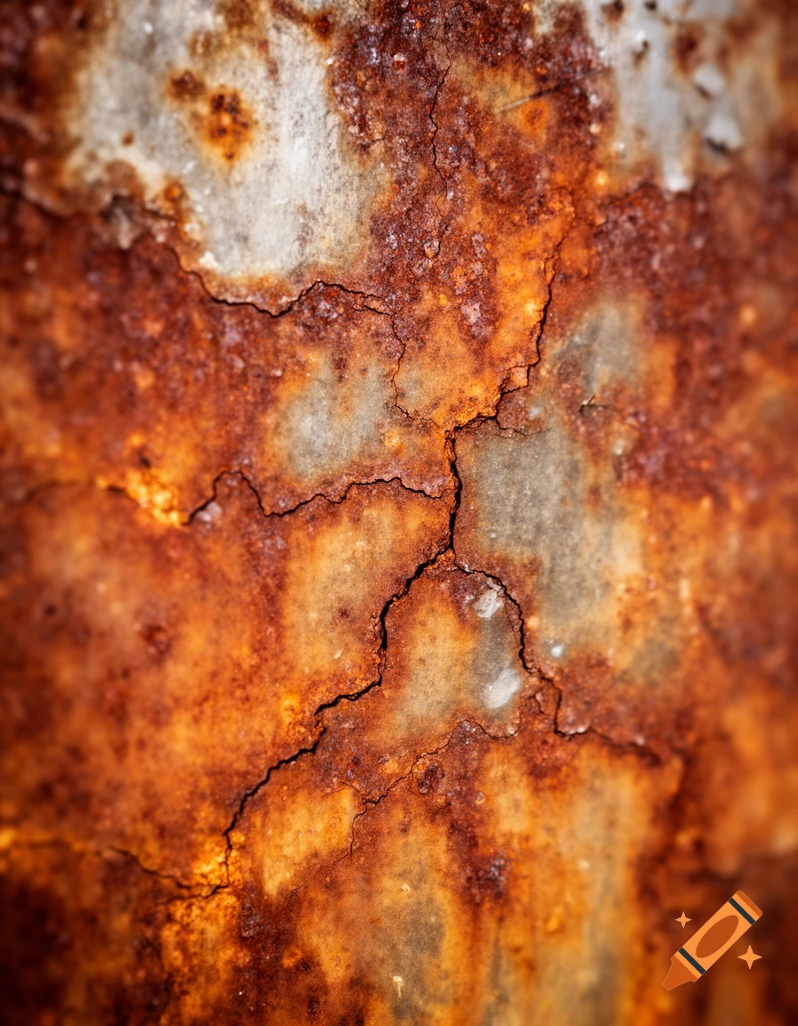 A macro shot of a heavily corroded metal surface, covered in reddish-orange rust with deep, dark cracks running through it.