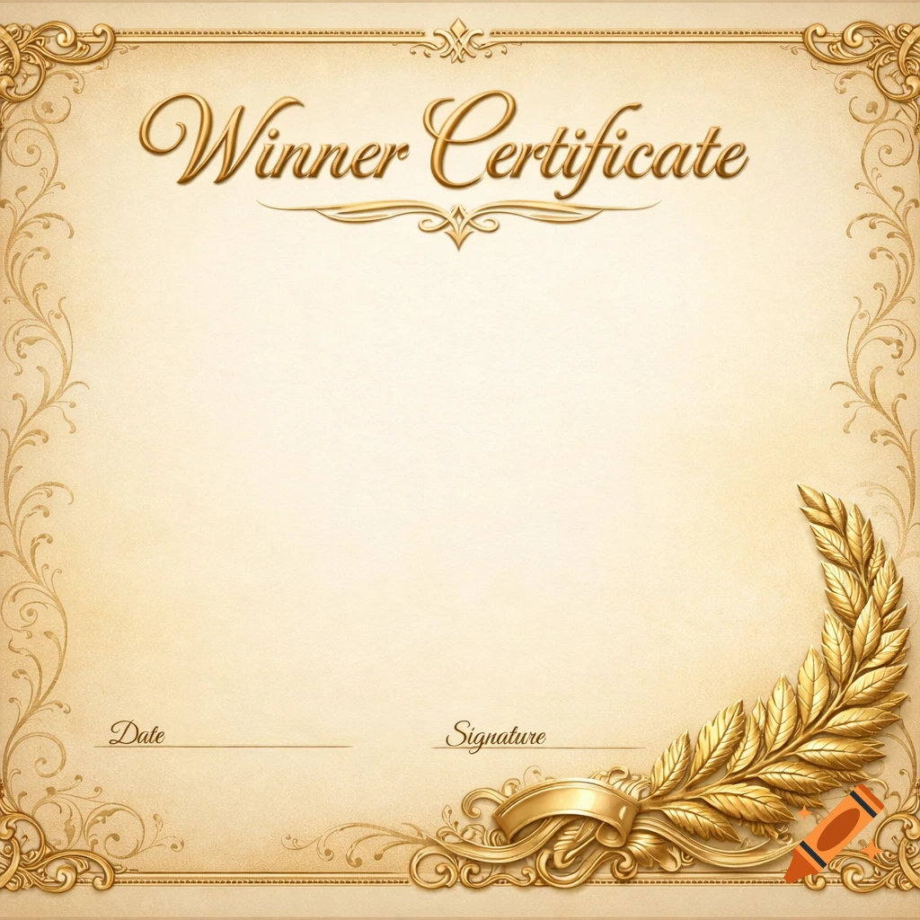 An ornate, gold-framed winner certificate template on a beige background, featuring the text 'Winner Certificate', 'Date', and 'Signature', with a golden laurel wreath design in the bottom right.