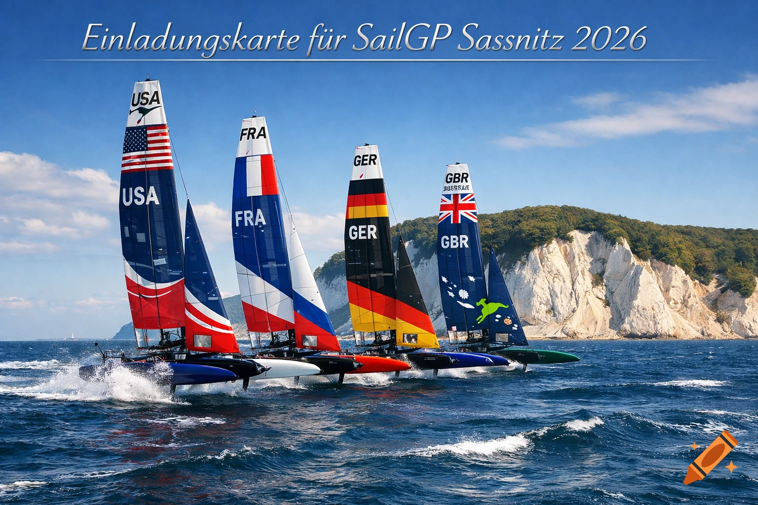 Four racing catamarans with USA, FRA, GER, GBR flags on sails race on blue water near white cliffs. Text: Einladungskarte für SailGP Sassnitz 2026.