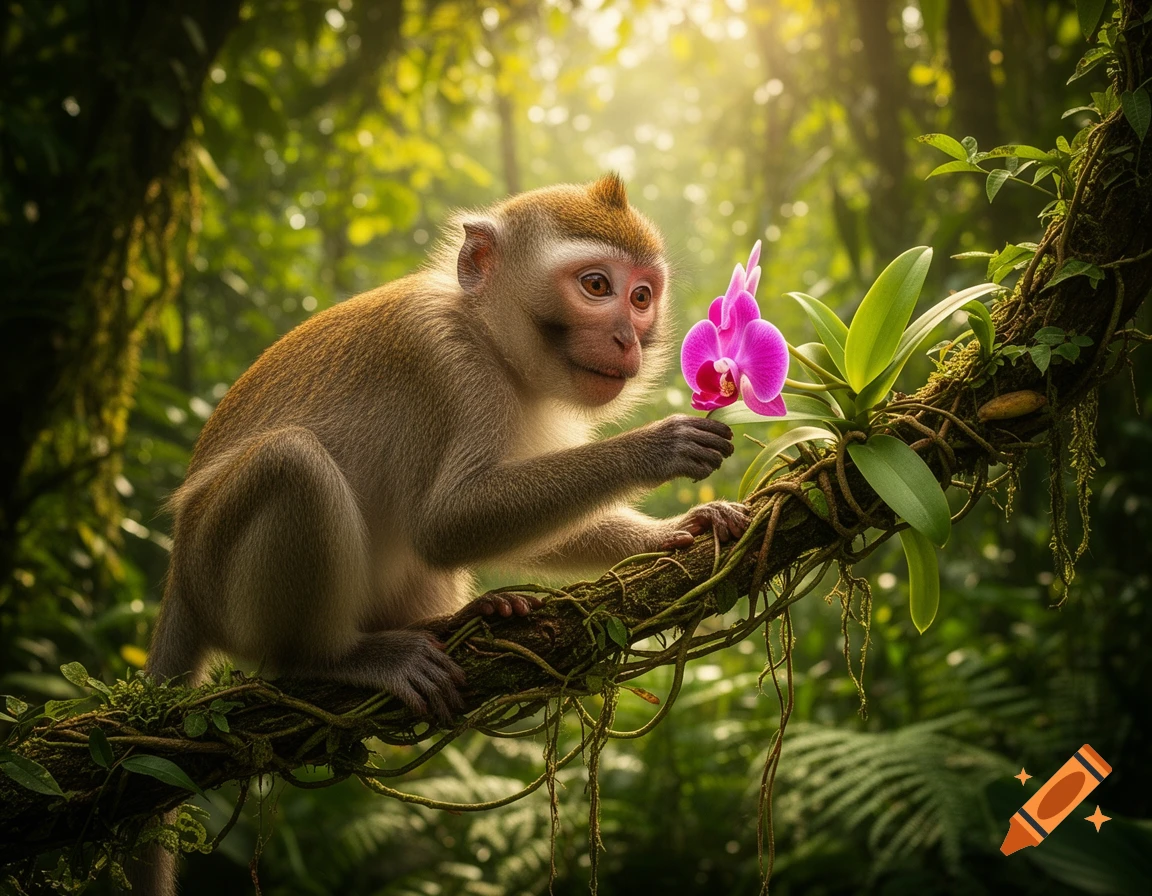 A photorealistic monkey sits on a mossy branch in a sunlit jungle, gently touching a vibrant pink orchid.