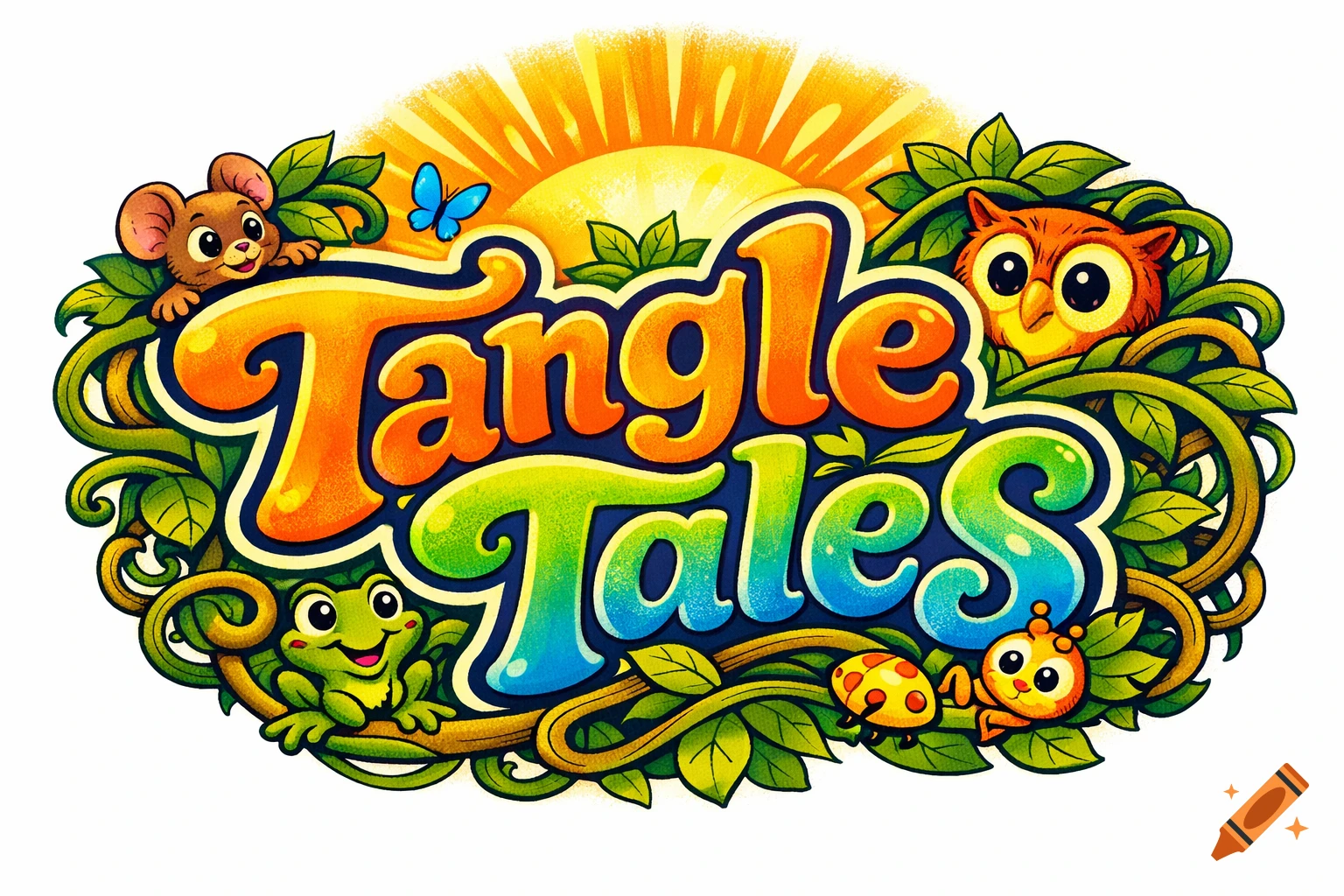 A colorful, cartoon-style logo for 'Tangle Tales,' featuring a sunburst, green vines and leaves, with a mouse, owl, frog, ladybug, and caterpillar nestled within.