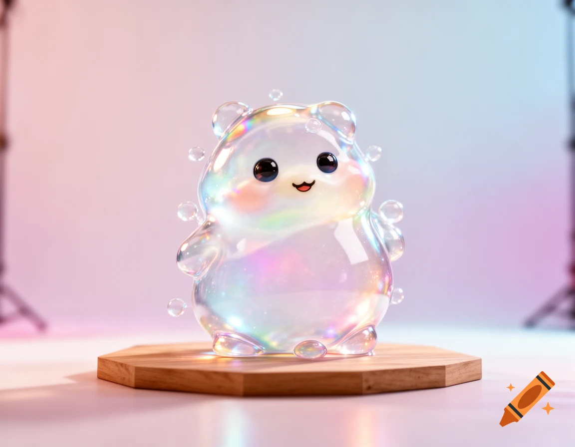 A cute, iridescent bubble creature with a happy face, standing on a wooden hexagonal pedestal with studio lighting.