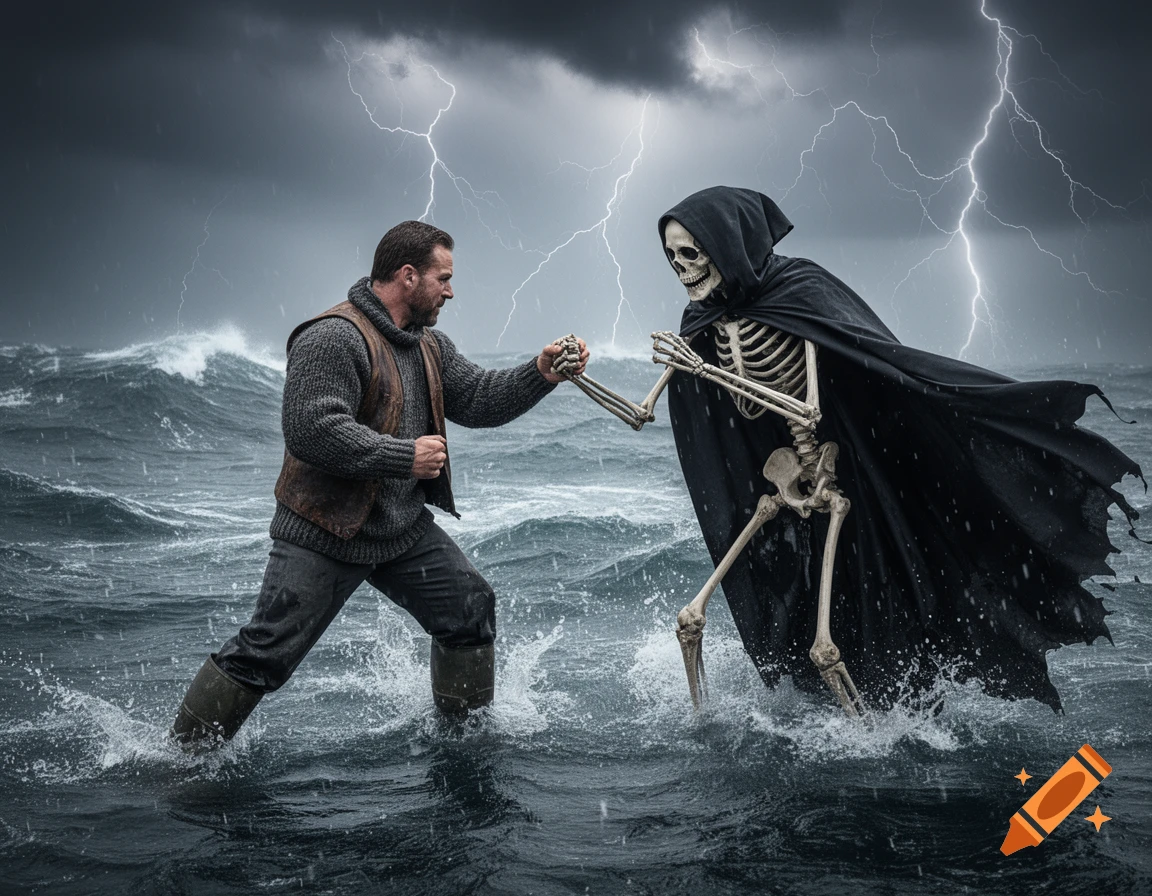 Photorealistic image of a muscular seaman punching a cloaked skeleton representing Death in a stormy, lightning-filled sea.