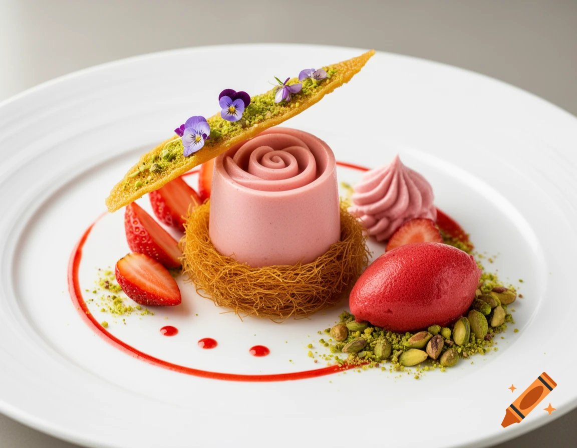 Elegant plated dessert with pink rose panna cotta, strawberry sorbet, fresh strawberries, pistachios, and edible flowers on a white plate.
