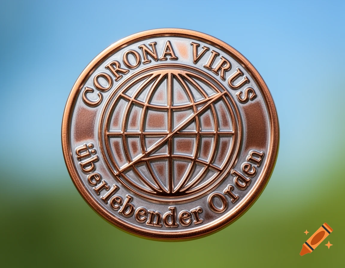 A bronze-colored medal with 'CORONA VIRUS berlebender Orden' encircling a globe with a diagonal line, against a blurred green and blue background.