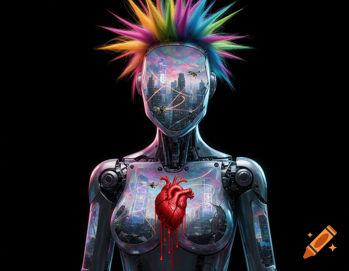 Female android robot with colorful punk hair, internal cityscape, and a bleeding heart on a black background.