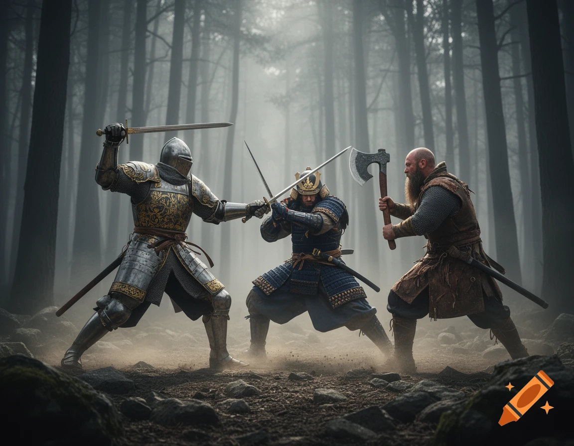 A photorealistic image of a knight, a samurai, and a Viking engaging in combat in a misty forest.