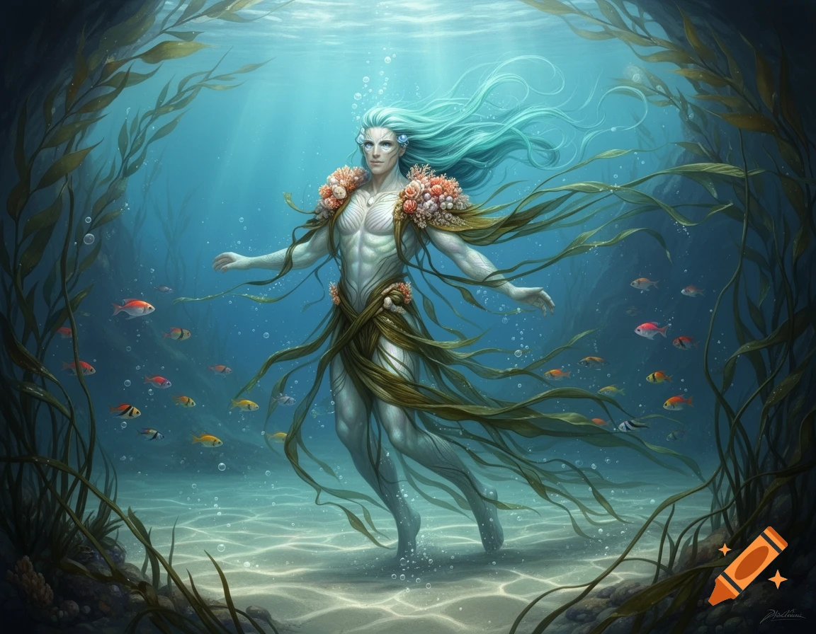 A majestic male aquatic druid with blue-green hair, adorned with coral and kelp, swims gracefully in a vibrant underwater kelp forest with colorful fish.