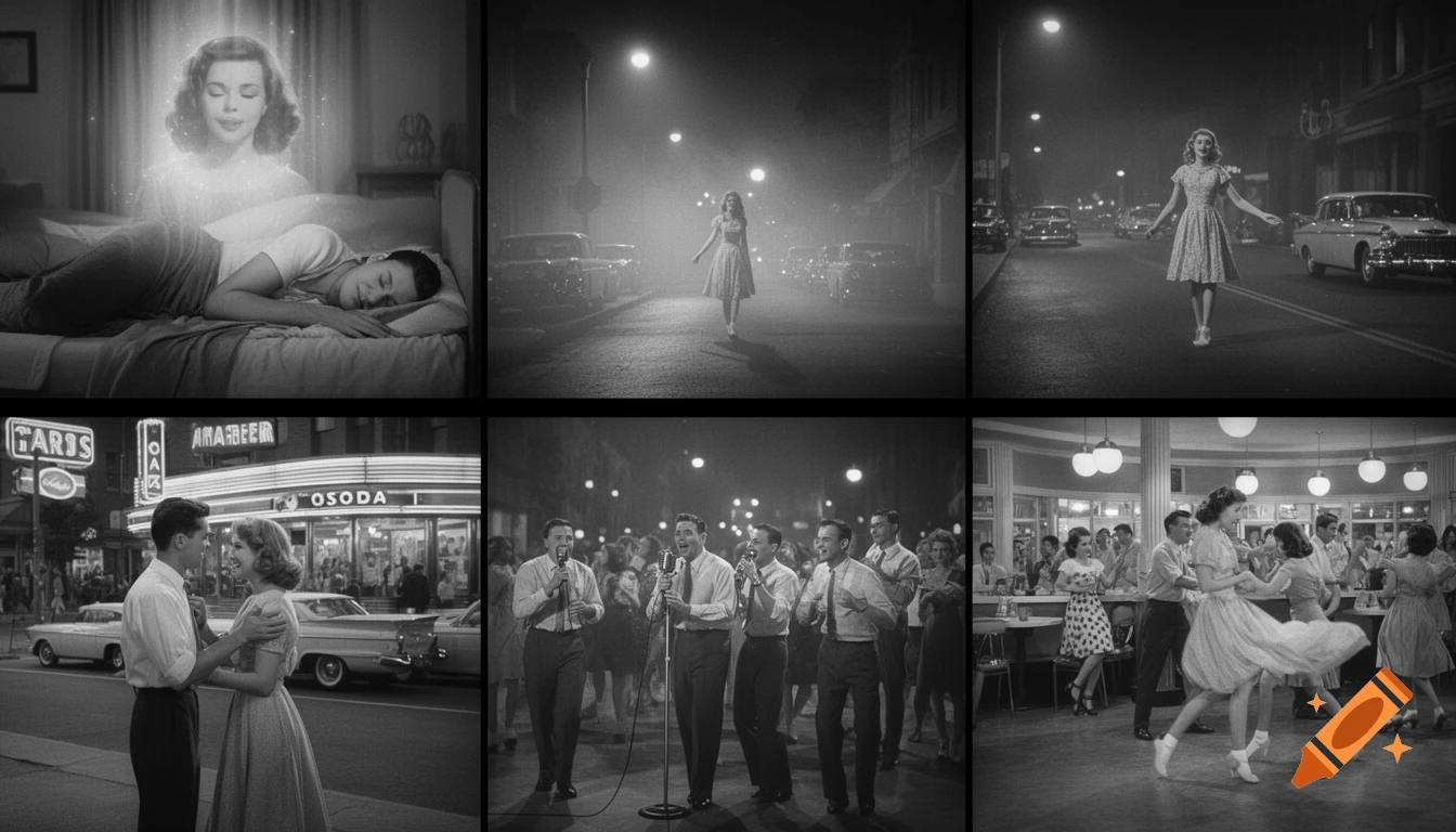 A six-panel black and white sequence showing a man dreaming of a glowing woman, a woman walking at night, a couple meeting on a street, a doo-wop group, and dancing teens at a sock hop.