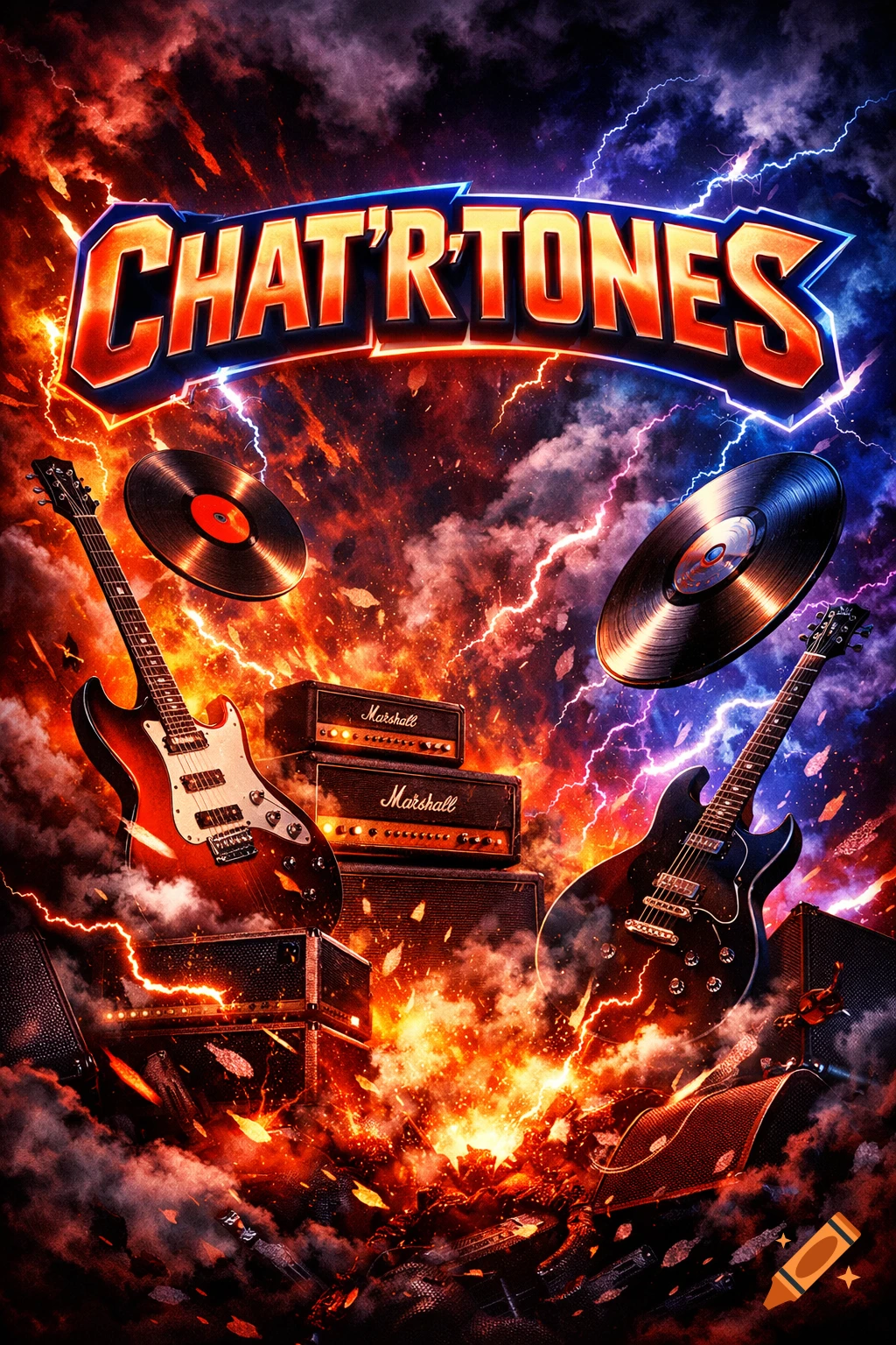 A vibrant rock and roll poster with two electric guitars, vinyl records, and Marshall amplifiers amidst fiery explosions and lightning, with 'CHAT'R'TONES' at the top.