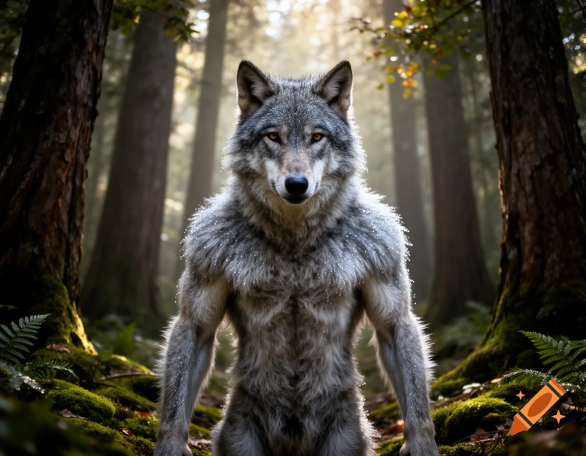 A photorealistic wolf-human hybrid stands upright in a sunlit forest.