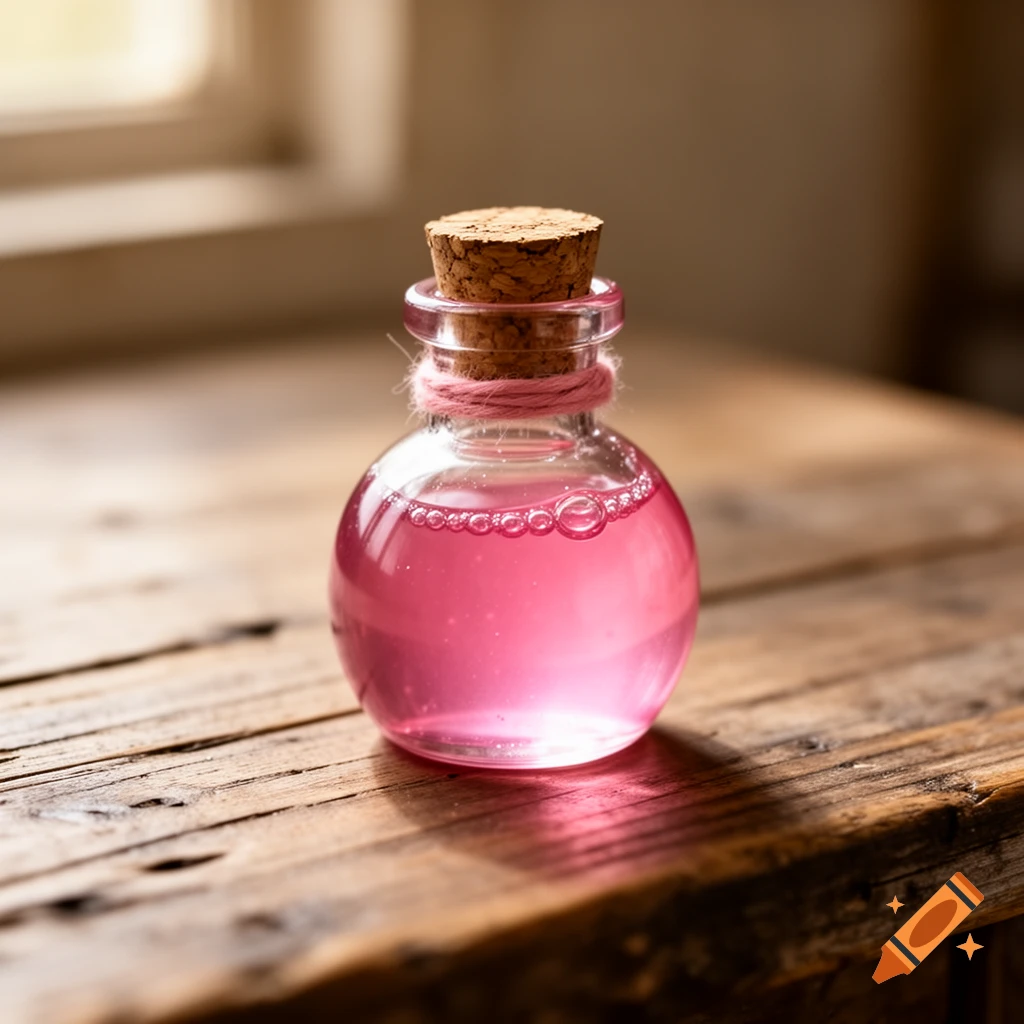 A small, round pink potion bottle with a cork stopper sits on a rustic wooden table, illuminated by natural light.