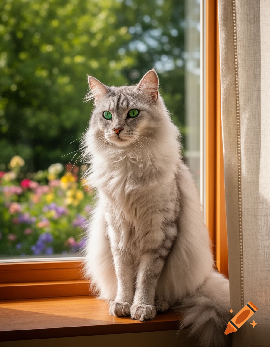 A fluffy silver tabby cat with vivid green eyes sits on a sunlit wooden ...