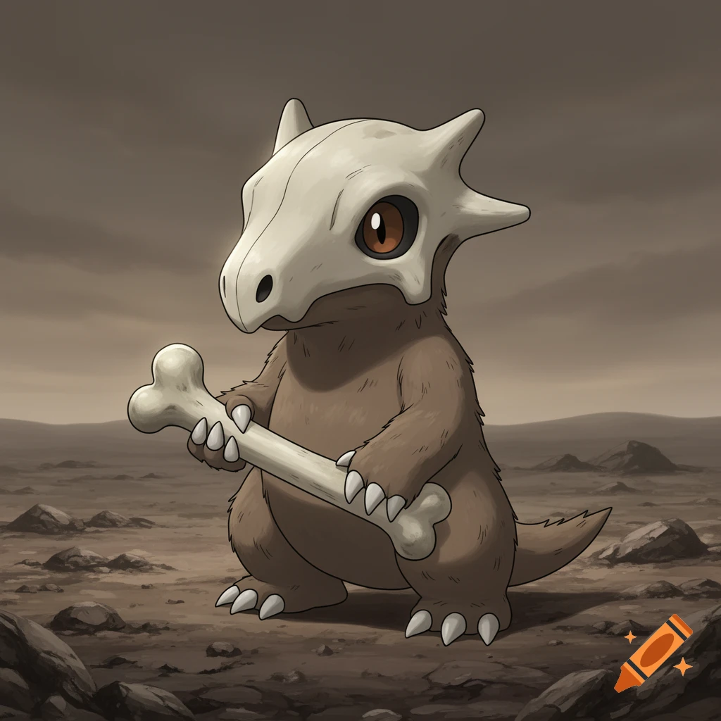 A brown Cubone from Pokemon, wearing a skull helmet, holds a bone while standing in a rocky, barren landscape.