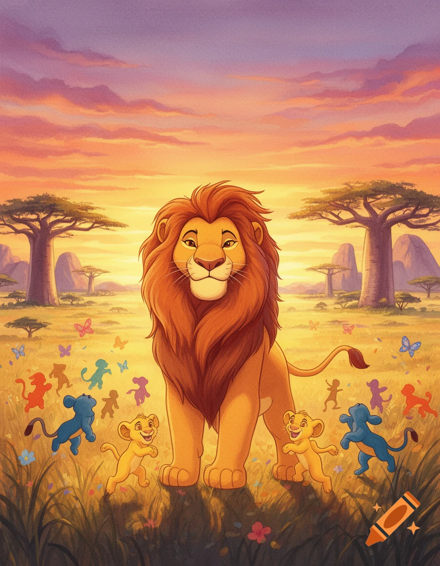 A cartoon illustration of a majestic lion and two lion cubs in a savanna at sunset, surrounded by colorful animal shapes and butterflies.