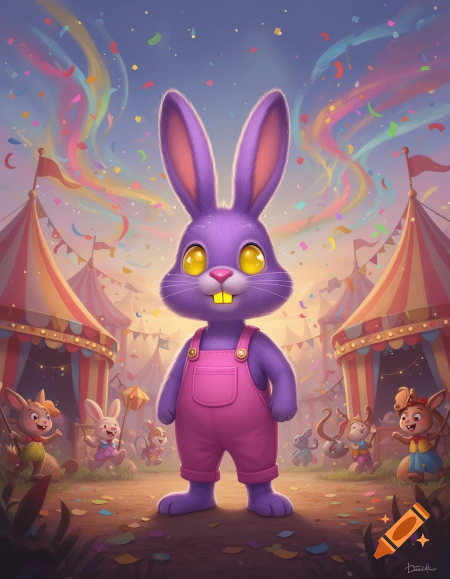 A vibrant purple cartoon rabbit in pink overalls with yellow eyes and square teeth stands at a whimsical circus with confetti and other small rabbits.
