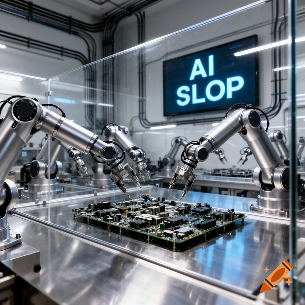 Photorealistic image of robotic arms assembling a circuit board in a clean factory, with a screen displaying 'AI SLOP'.
