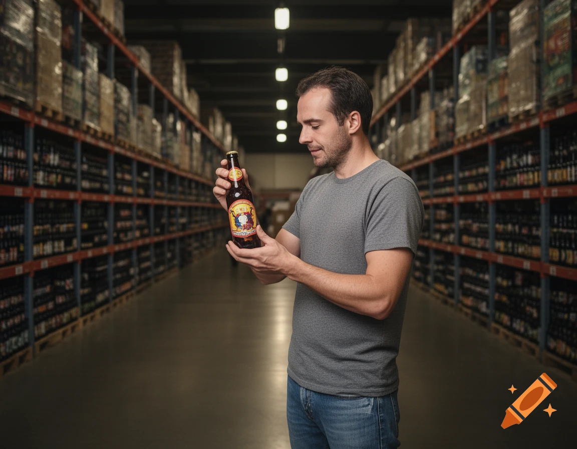 A man holding and examining a beer bottle in a large warehouse filled with shelves of products.