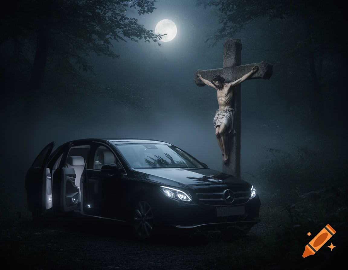 A black Mercedes-Benz with open doors parked next to a stone crucifix in a foggy, moonlit forest at night.