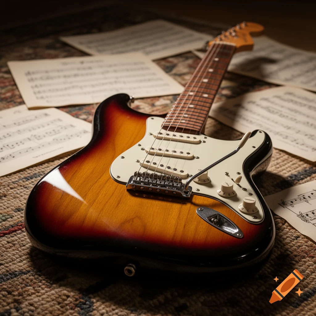 A close-up, dimly lit, photorealistic image of a sunburst Fender Stratocaster electric guitar on a rug with music sheets.