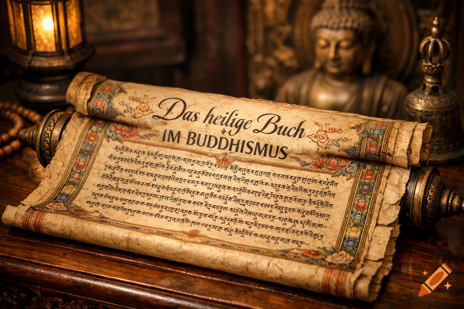 An ancient, illuminated Buddhist scroll with German text reading "Das heilige Buch IM BUDDHISMUS" lies on a wooden table, with a brass Buddha statue and lantern in the background.