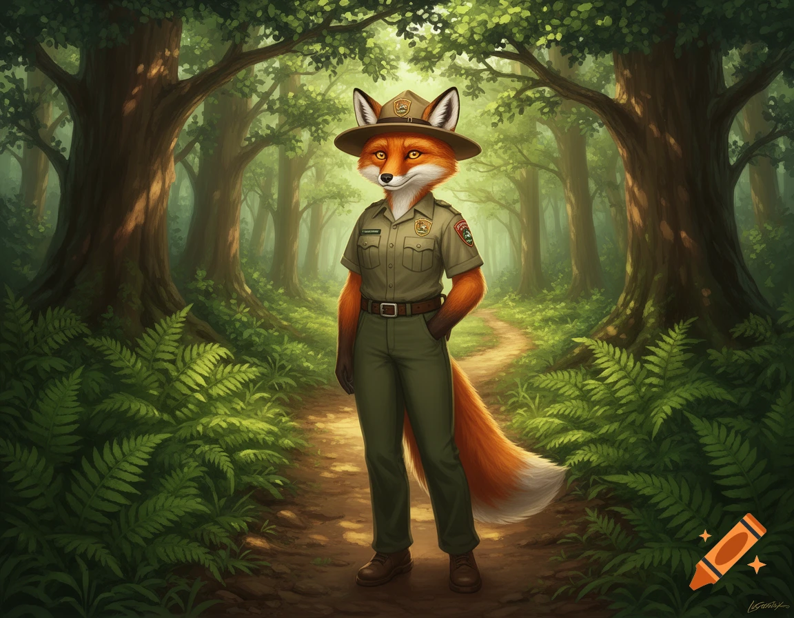 An anthropomorphic fox park ranger in uniform stands on a dirt trail in a lush forest.