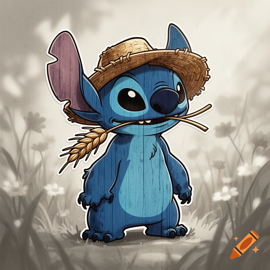 Blue alien character Stitch wearing a straw hat and holding a wheat stalk in his mouth, with a wooden texture, in a sticker style over a blurred field.