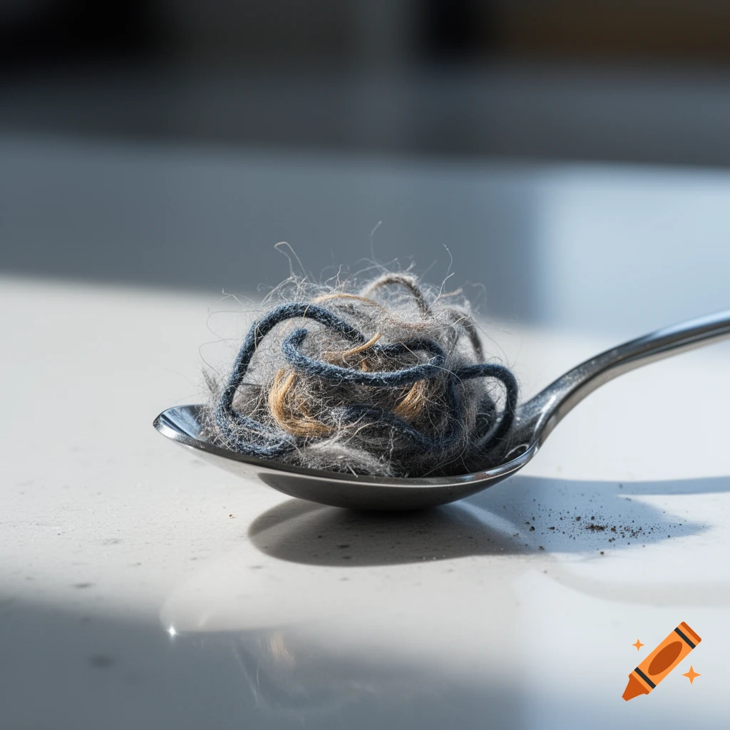 Photorealistic close-up of a spoonful of multi-colored pocket lint on a white, reflective surface.