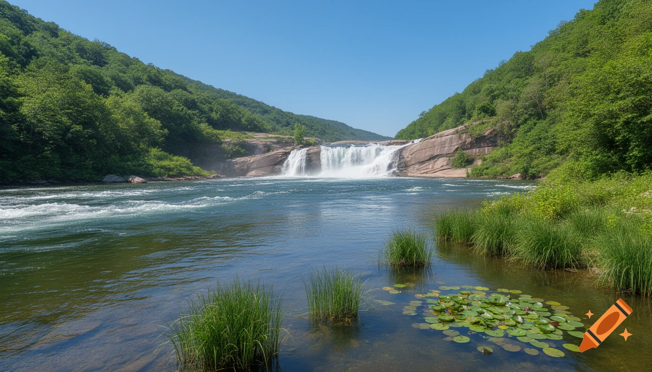 A wide river flows past lush green hills and a series of wide waterfalls under a clear blue sky, with lily pads and tall grass in the foreground.