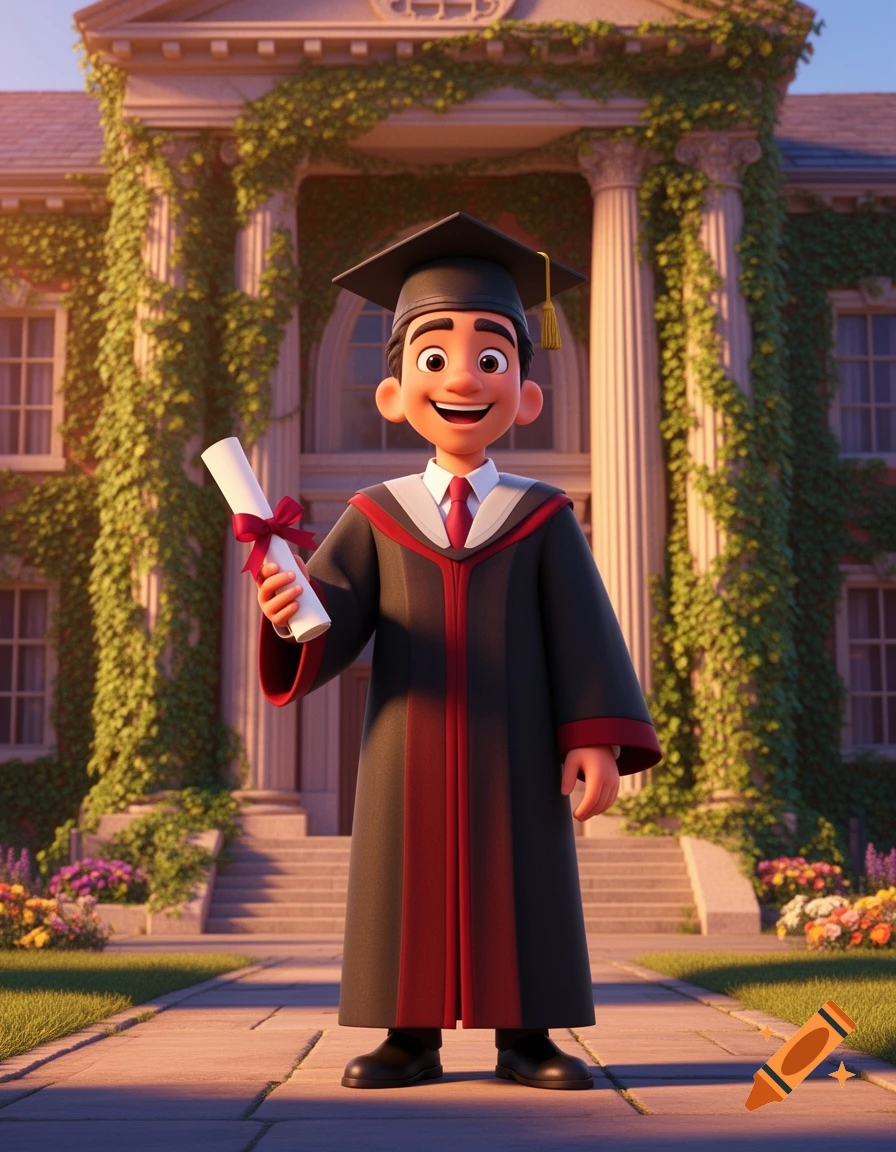 A smiling 3D Pixar-style cartoon student in a graduation gown and cap holds a diploma in front of a vine-covered college building.