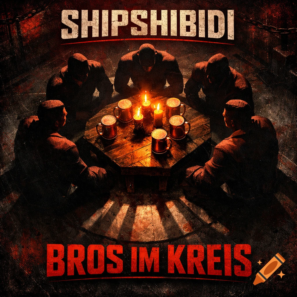 Six stylized men sit around a candlelit wooden table with beer mugs in a dark, gritty cellar, forming an industrial album cover with text 'SHIPSHIBIDI' and 'BROS IM KREIS'.