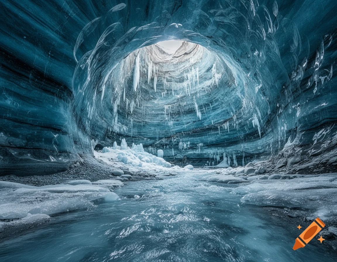 A photorealistic view inside a luminous blue ice cavern with a flowing river and icicles.