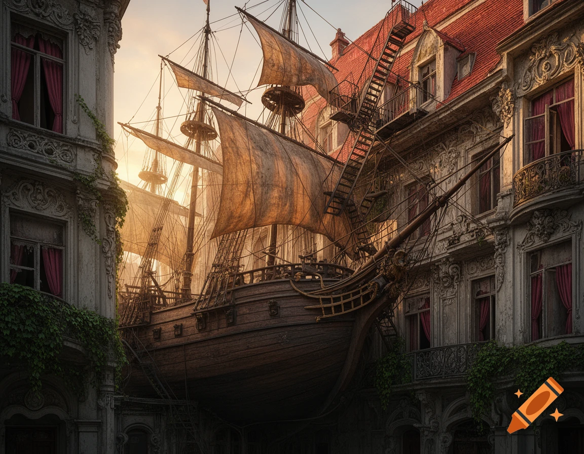 A large, ancient wooden sailing ship with unfurled sails is dramatically wedged between two ornate, old-world buildings with red roofs, under a warm sky.