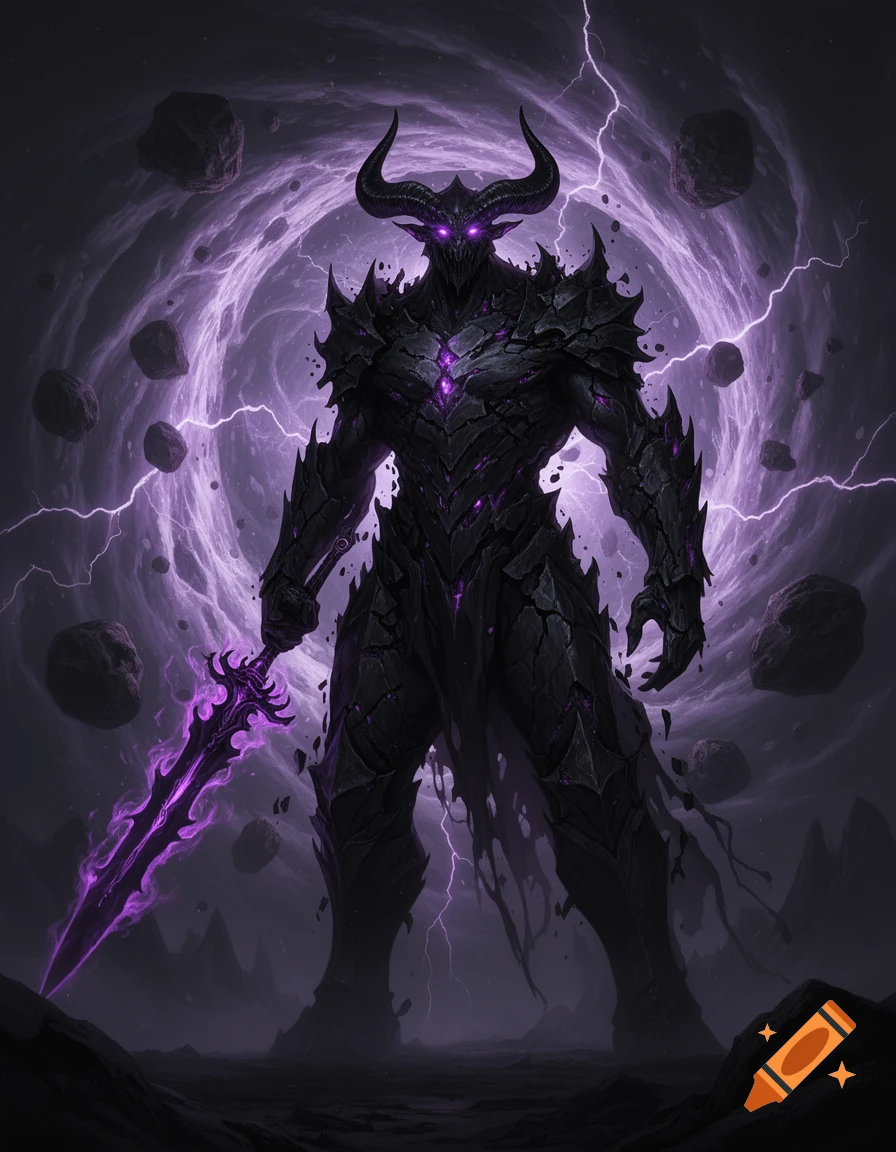 An imposing dark demon in fractured armor with glowing purple eyes, horns, and a fiery purple sword, before a chaotic lightning portal.