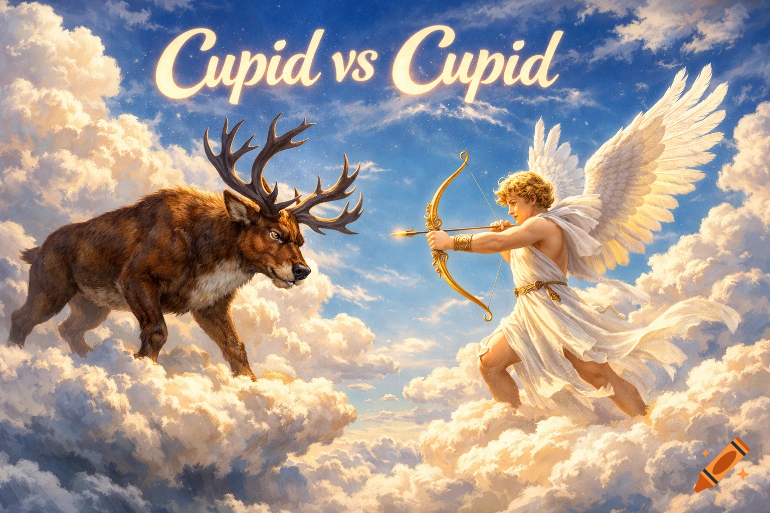 An angry antlered reindeer faces an angelic Cupid with a bow and arrow in a cloudy sky, with 'Cupid vs Cupid' text.