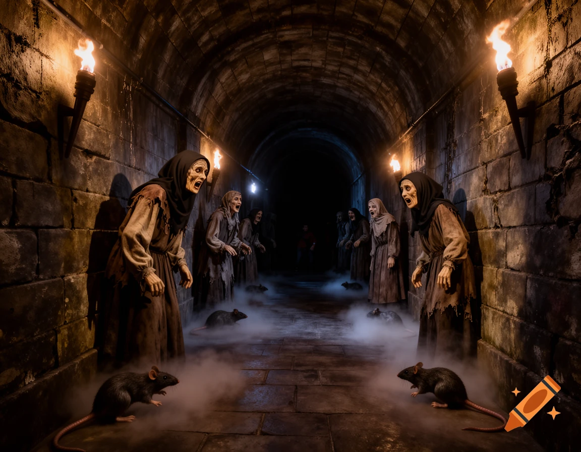 Eerie photorealistic image of plague victims and large rats in a dark, fog-filled stone tunnel, lit by torches.