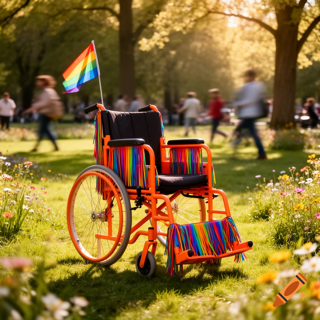 An orange wheelchair decorated with rainbow fringes and a Pride flag in a sunny park.