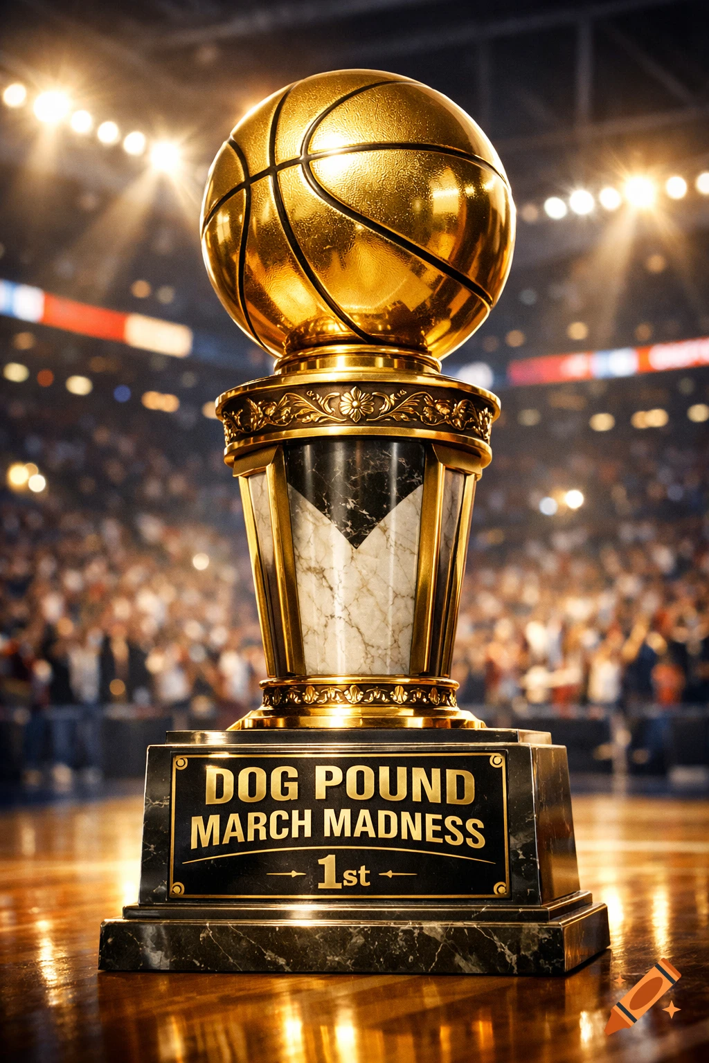 A photorealistic golden basketball trophy on a polished court, with "DOG POUND MARCH MADNESS 1st" on a plaque, in a brightly lit arena.