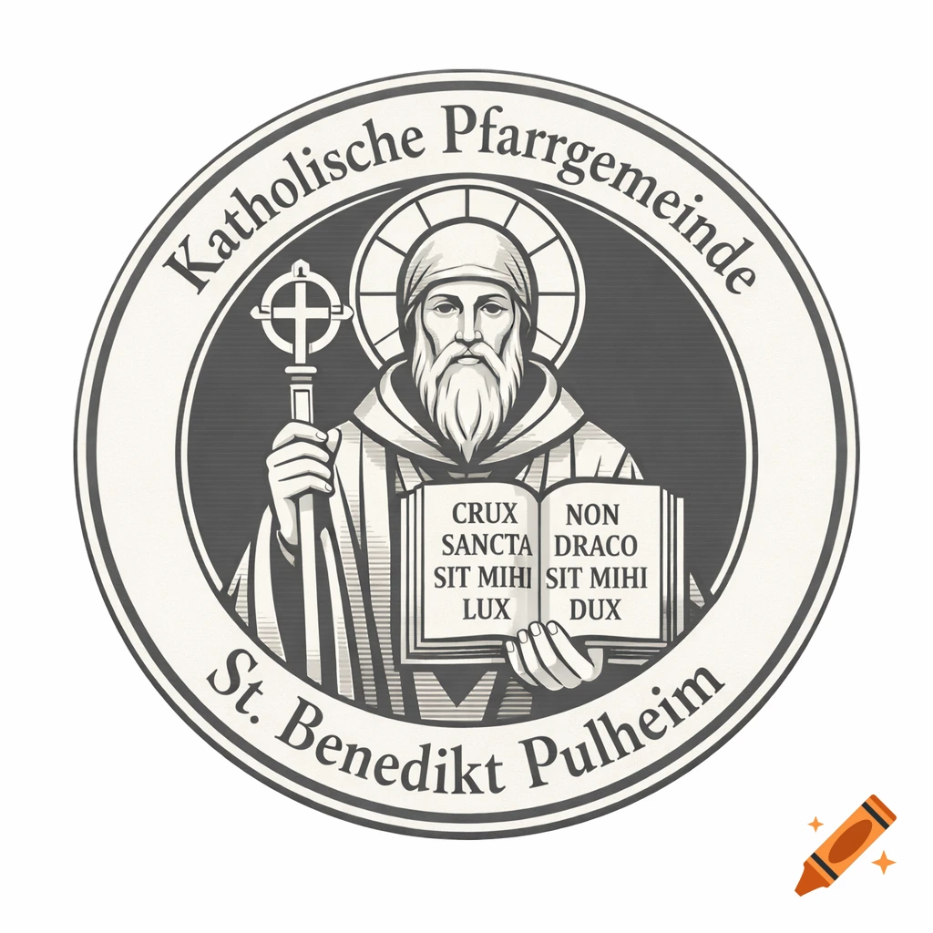 A circular seal with Saint Benedict holding a cross and a book, bordered by German text.