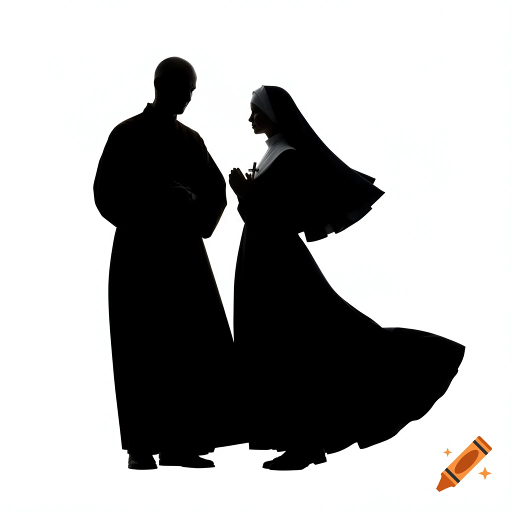 Black silhouette of a monk and a Catholic nun on a white background.