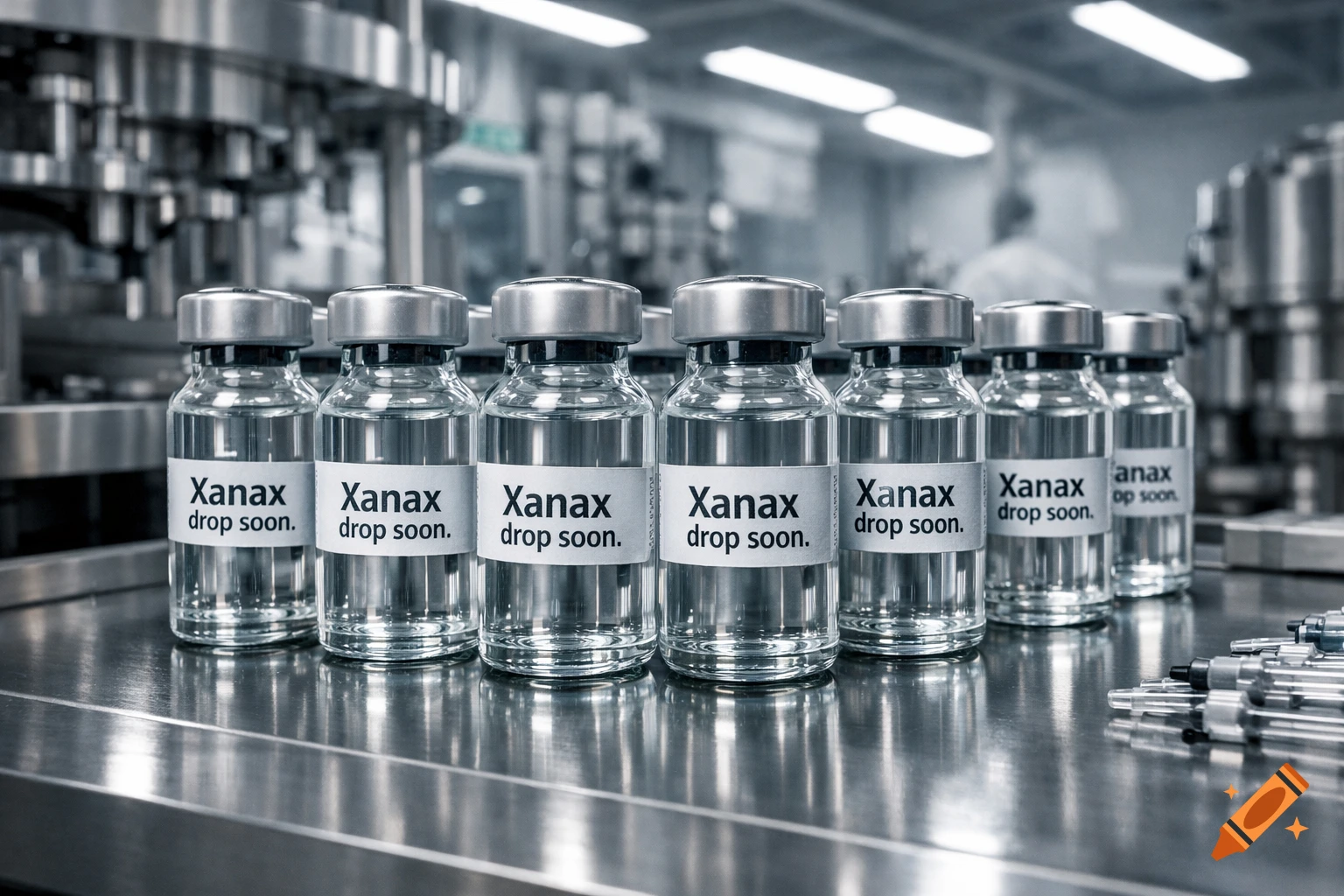Row of glass vials labeled 'Xanax drop soon' on a metallic surface in a pharmaceutical factory setting.