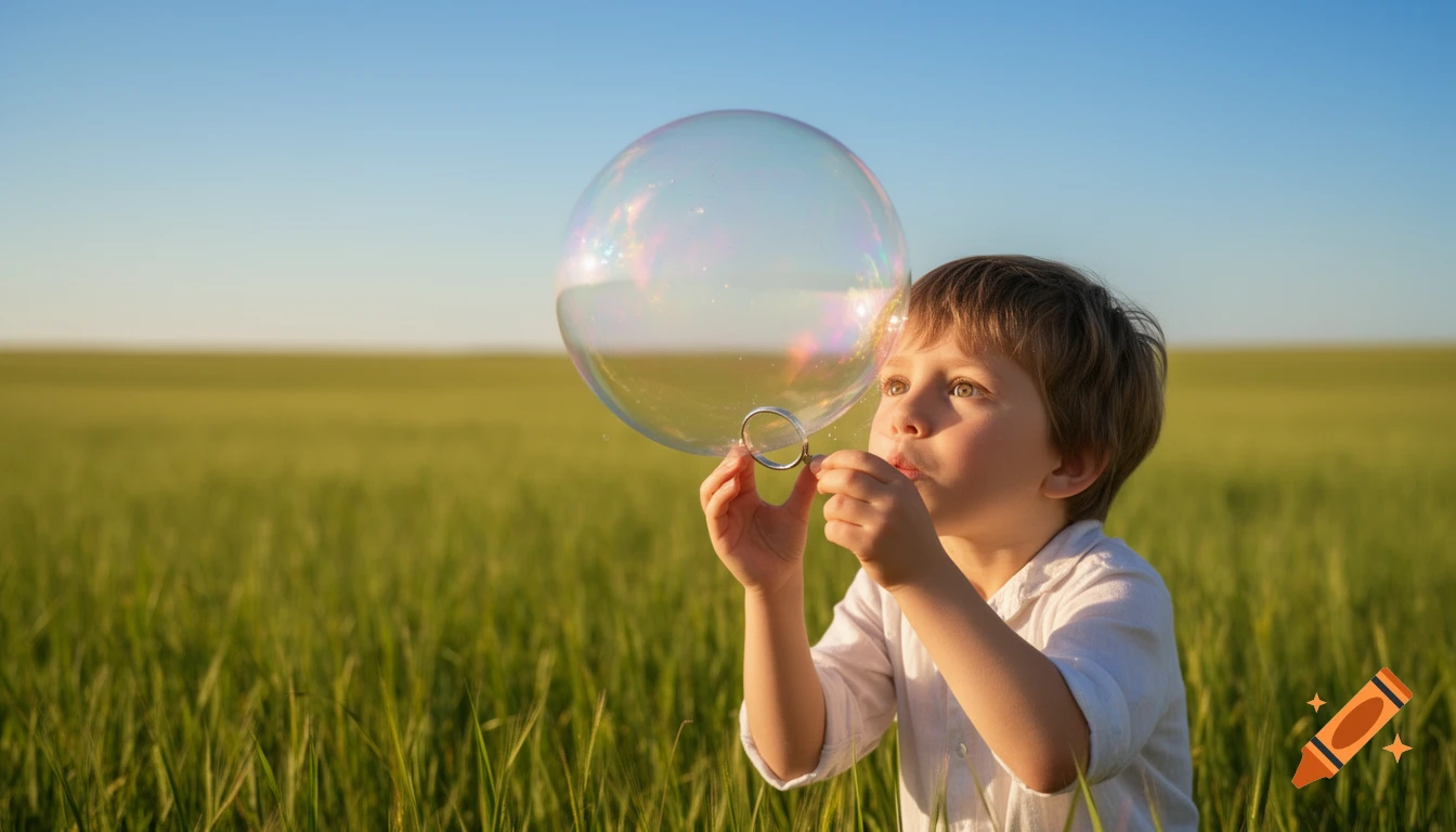 A young boy blows a large, iridescent bubble in a sunlit green field under a clear blue sky.