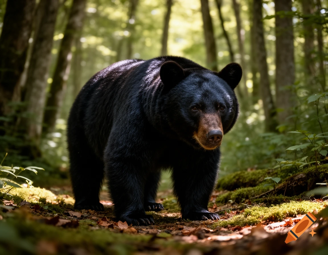 A photorealistic black bear stands on a forest floor, looking directly forward, with sunlit trees and green foliage in the background.