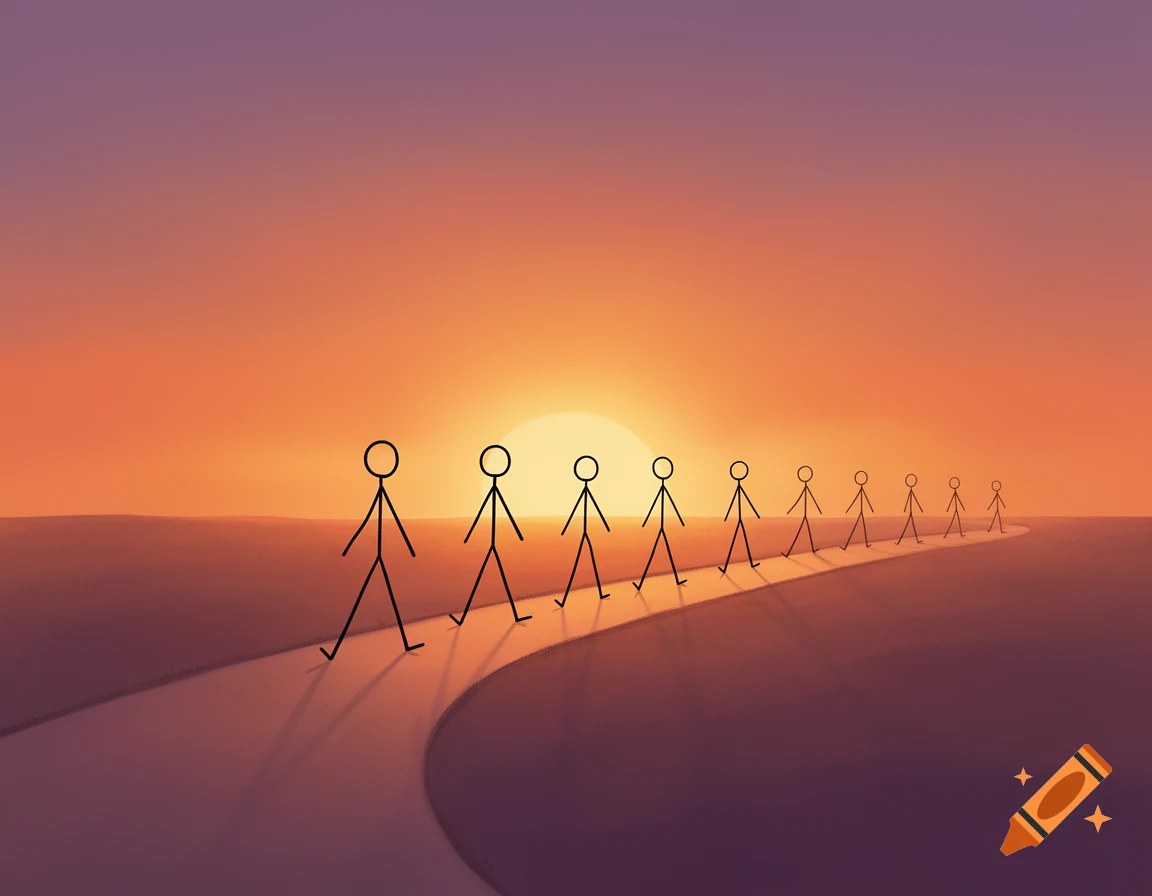 Minimalist illustration of stick figures walking in a line on a winding path towards a large setting sun in a gradient sky.