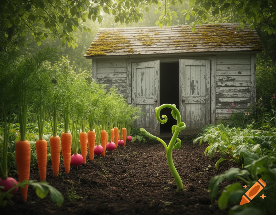A lush garden with rows of large carrots and radishes leading to an old wooden shed, and a unique green sprout in the foreground.