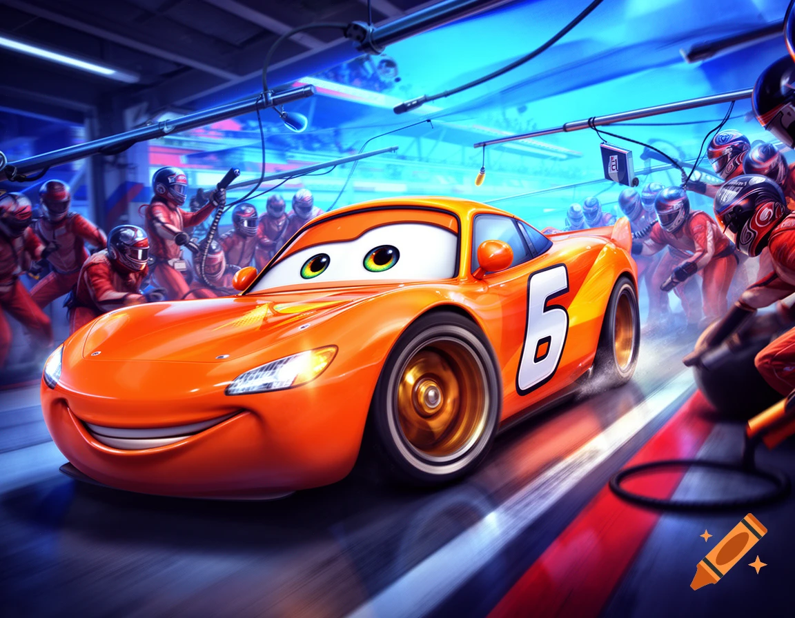 Animated orange race car with eyes and number 6 at a pit stop with blurry crew members in the background.