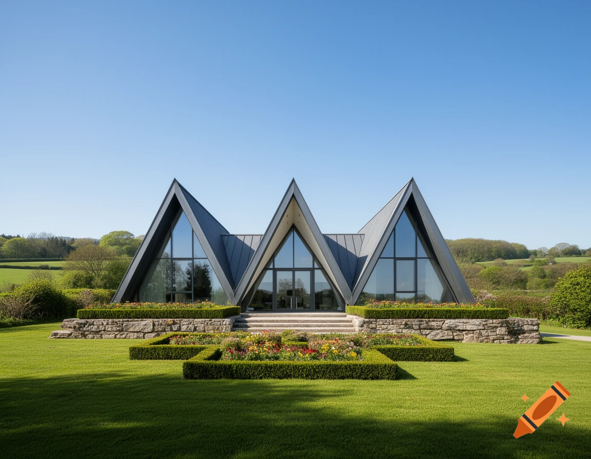 Modern house with three peaked roofs and glass walls, set amidst a green lawn and colorful flower beds under a clear blue sky.