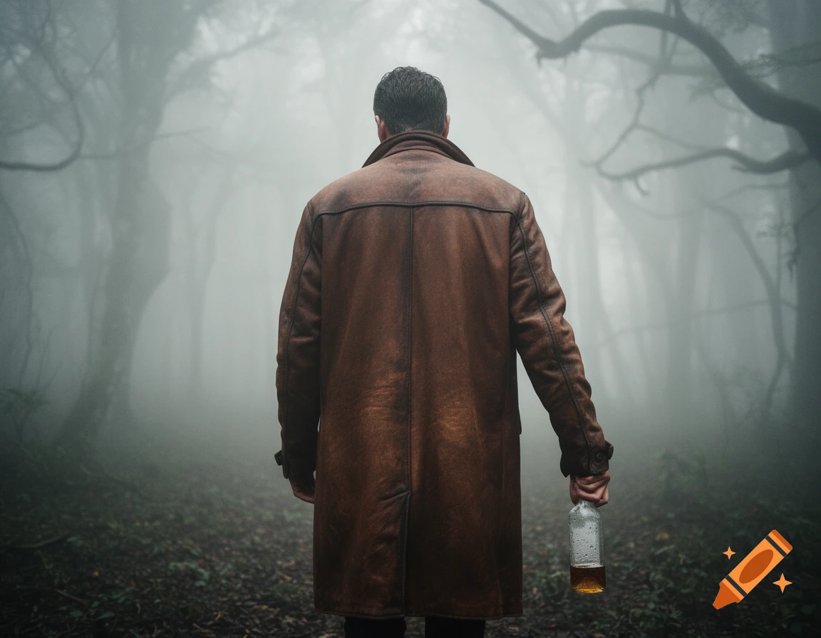 A man in a brown leather coat walks away on a dark path in a foggy forest, holding a bottle of amber liquid.