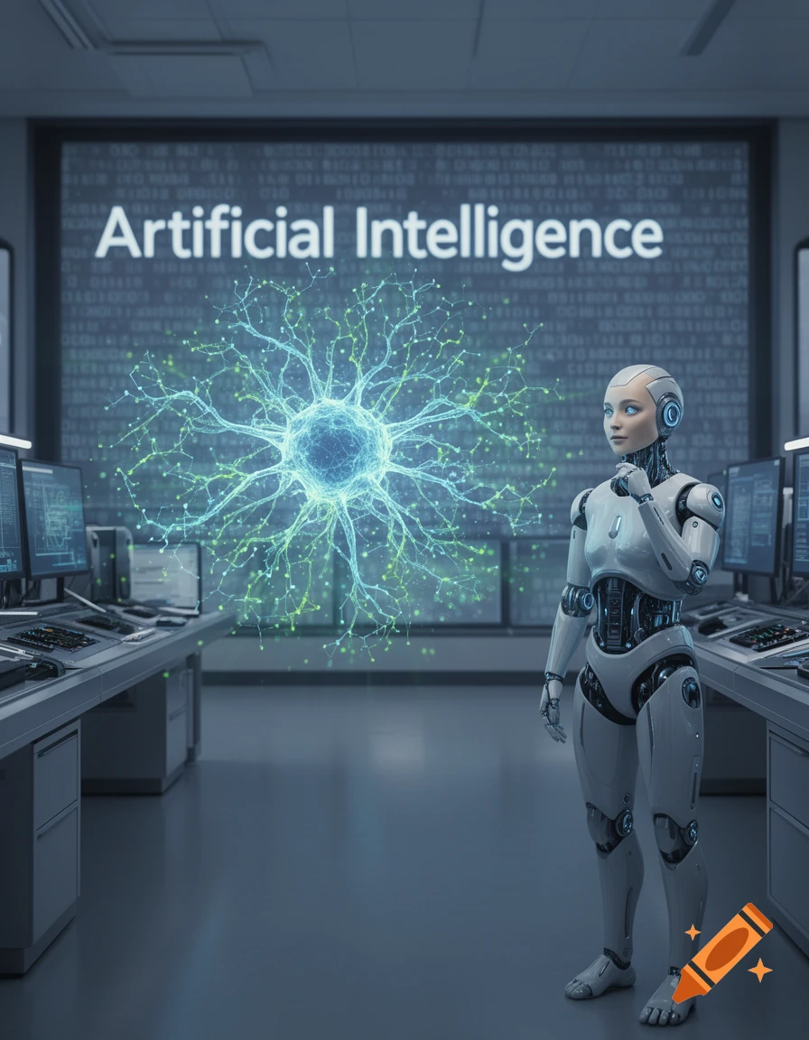 A humanoid robot stands in a control room, looking at a large screen displaying "Artificial Intelligence" and a neural network.